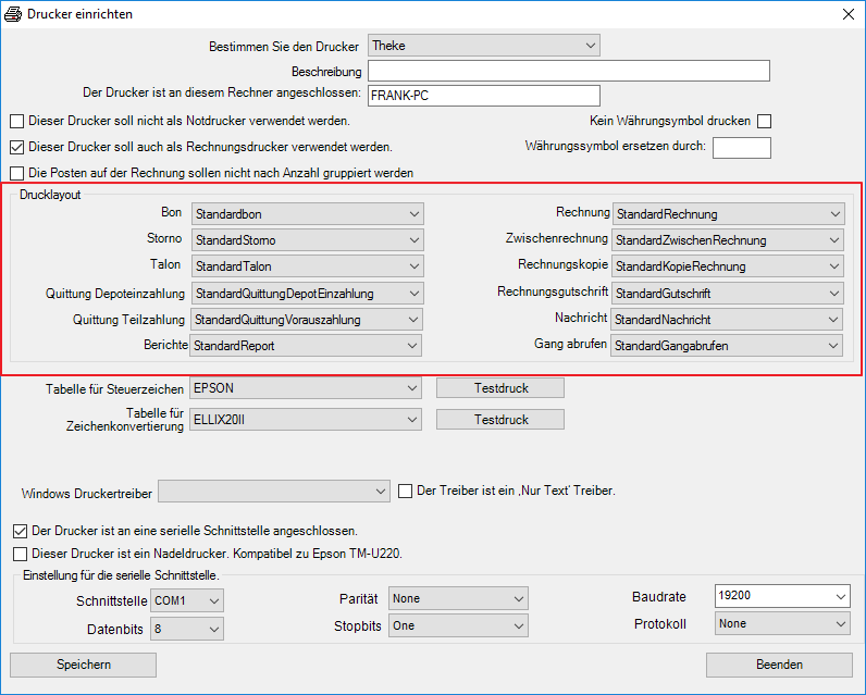 PosBill Druckereinstellung: Schritt 2 Drucklayouts wählen