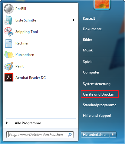 Bild: Startmenü Geräte und Drucker