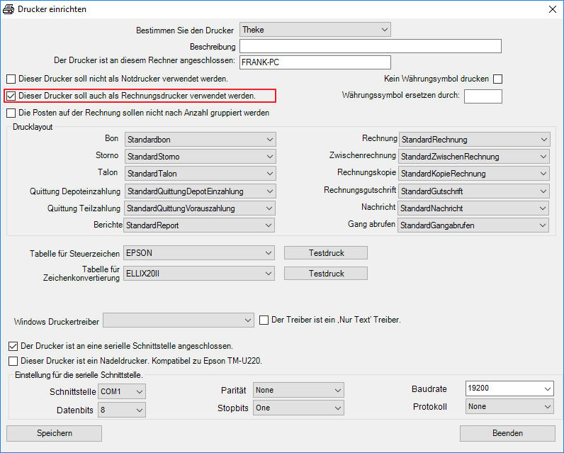 PosBill Druckereinstellung: Schritt 1