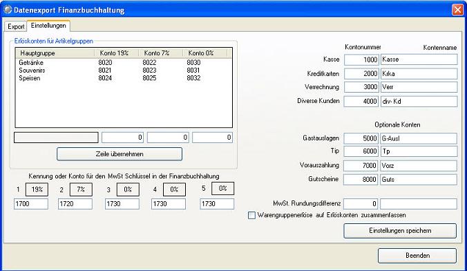 FiBu Export im PosBill Backoffice - Konteneinstellungen